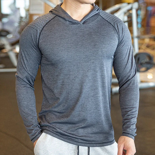 Camiseta de gimnasio de otoño para hombre, informal, de manga larga, ajustada, elástica, deportiva, transpirable, de secado rápido, con capucha