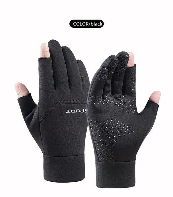 Luvas dos homens de pesca de inverno Mulheres ciclismo luvas antiderrapantes quentes para esportes de pesca Touch Screen Two Fingers Cut Outdoor Angling