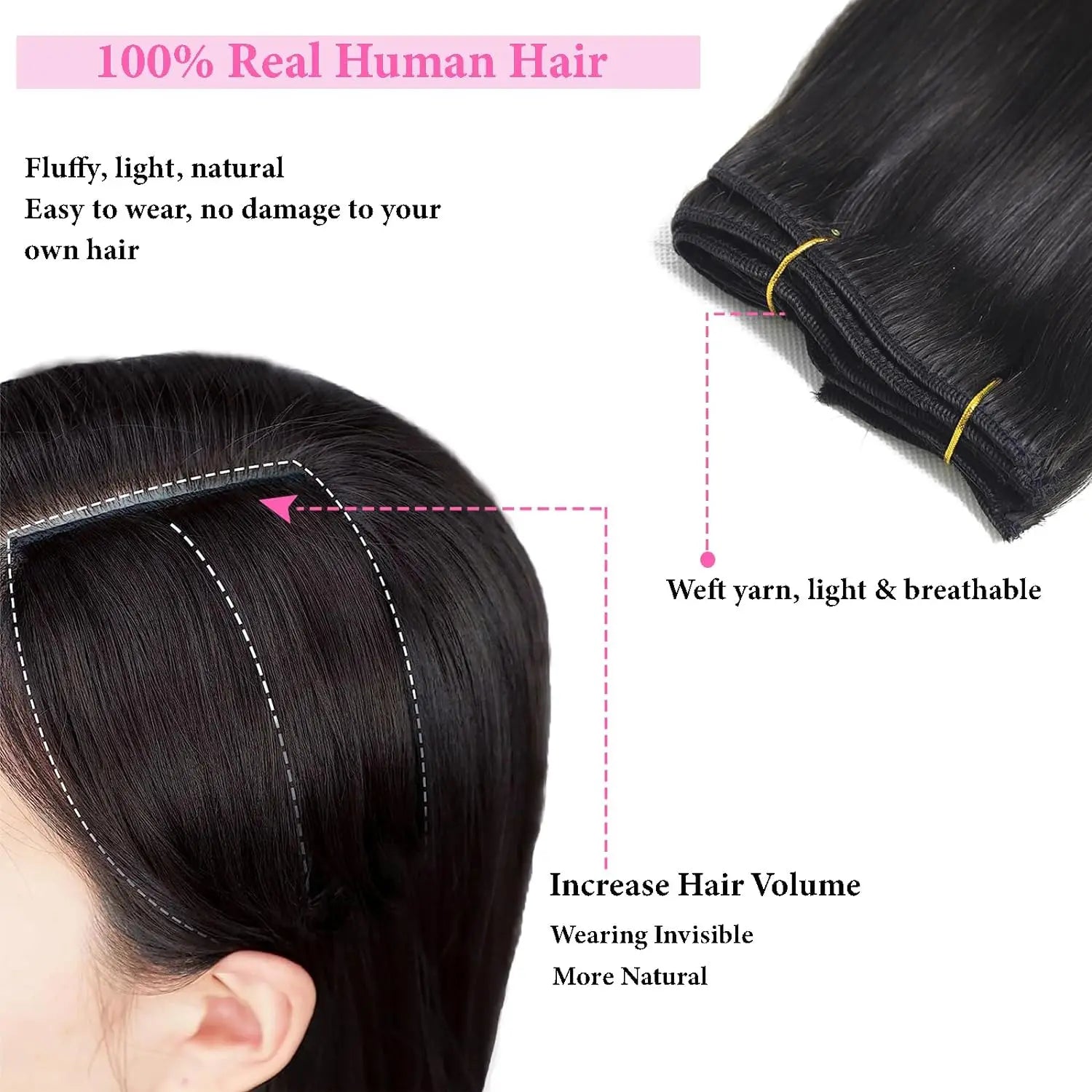Aplique de cabelo Humano liso de tic tac Extensões Invisível