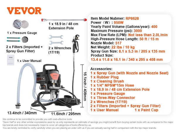 VEVOR 750W 950W Airless Paint Sprayer 3000PSI High Efficiency Electric Airless Sprayer Handheld Paint Sprayers for Home Interior