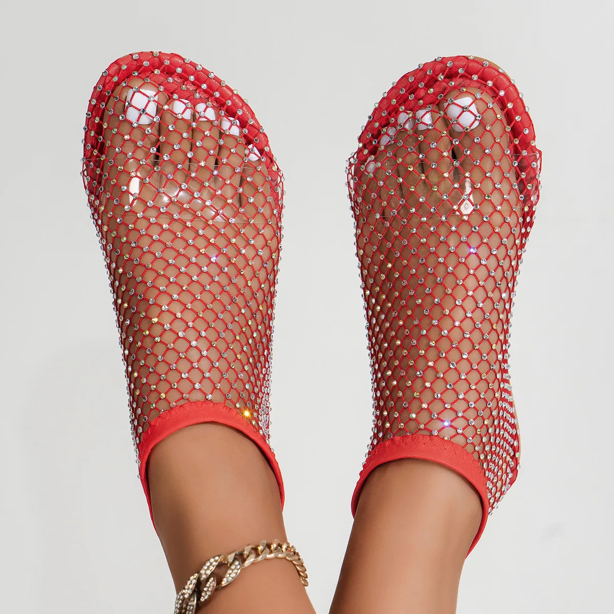 2024 Summer Women's New Round Toe Flat Bottom Sandals Hollow Short Boots Water Diamond Sexy Flat Bottom Fashion Banquet Slippers