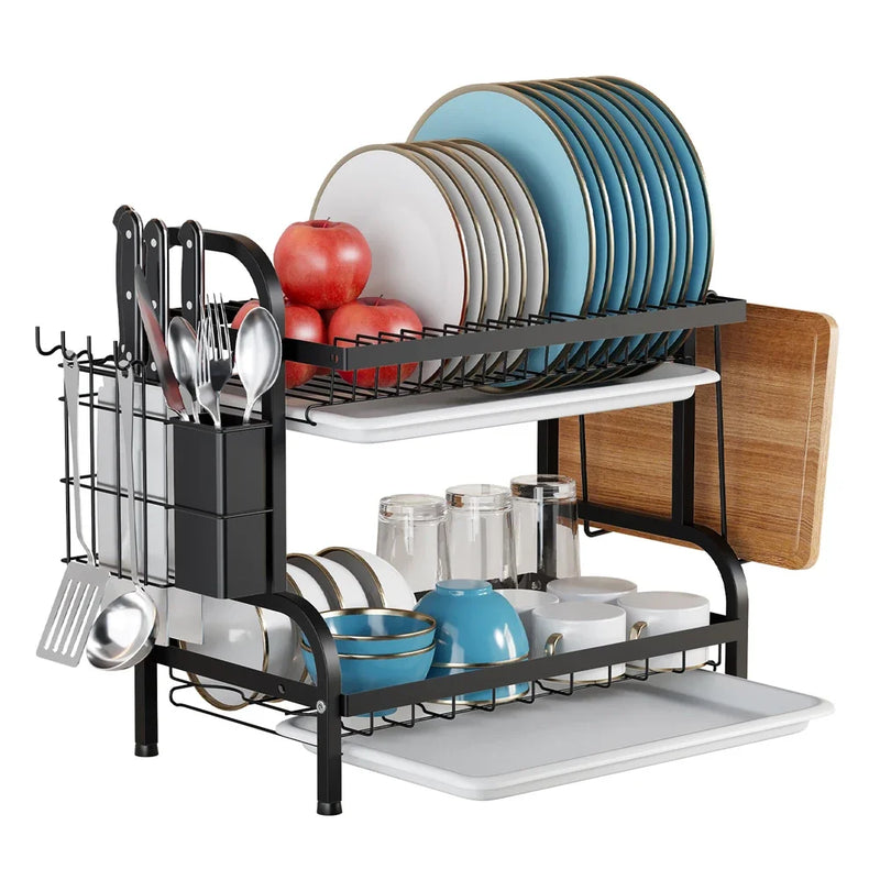 2-Tier Dish Drying Rack Adjustable Kitchen Plates Organizer with Drainboard Over Sink Countertop Cutlery Storage Holder