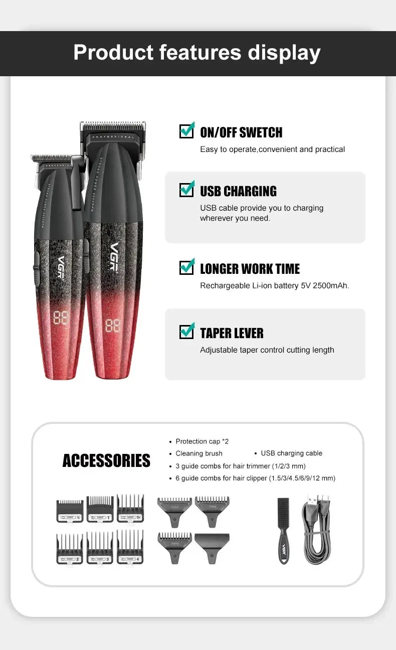 VGR Hair Trimmer Professional Hair Clippers Adjustable Hair Cutting Machine 9000 RPM Cordless Clippers and Trimmers Set V-640 S3