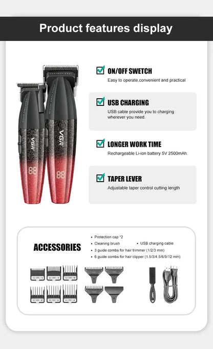 VGR Hair Trimmer Professional Hair Clippers Adjustable Hair Cutting Machine 9000 RPM Cordless Clippers and Trimmers Set V-640 S3