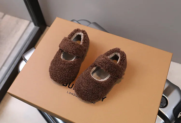 Children Fur Shoes 2025 Winter Kids Warm Plush Shoes For Girl Flat Loafers Moccasins Girls Casual Shoes Khaki, Beige
