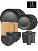 4/16/24pcs Reusable plastic tableware set, including plates, bowls and cups. Suitable for family picnics and school supplies