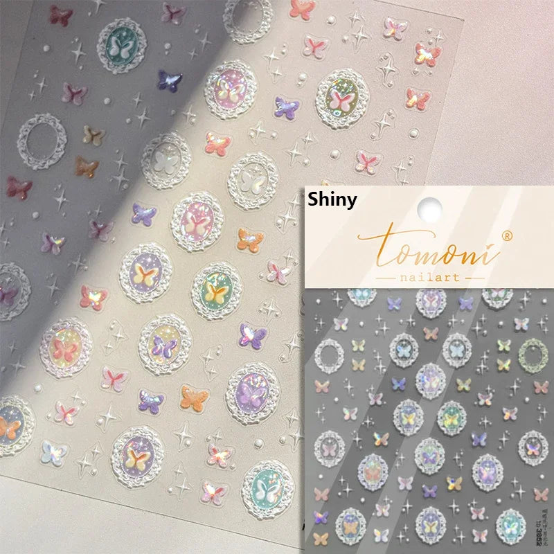 Flash Dreamy Chinese Flower Window Butterfly Glazed Rococo Geometric Frame Stamp Embossed Relief Nail Art Sticker Manicure Decal