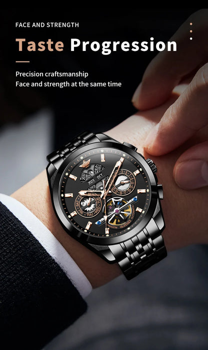 OUPINKE 3251 Skeleton Flywheel Automatic Watch for Men Stainless Steel Waterproof Wristwatch Luxury Sapphire Mirror Men's Watch