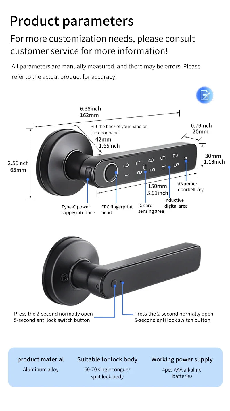 Tuya App Bluetooth Smart Fingerprint Door Lock Password Mechanical Key NFC Unlocking For Wooden Door Handle Lock IP54 Rainproof