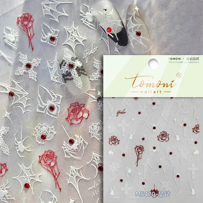 1 piece 5D Spider Web Nail Sticker Cross Silver White Black Glitter Transparent Rhinestone Rose Self-Adhesive Nail Art Sticker