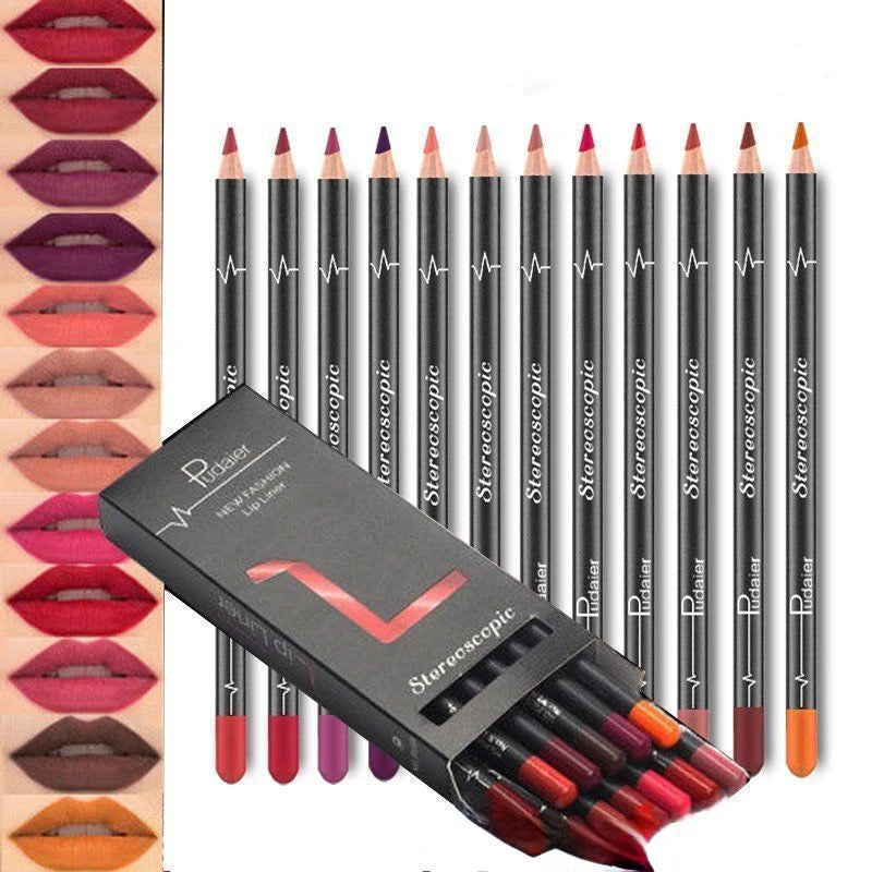 12 Pçs/set Lápis À Prova D' Água Conjunto de Batom Caneta Matte Lip Liner Canetas de Maquiagem de Longa Duração Fácil de Usar Copo Antiaderente Kits de Cosméticos