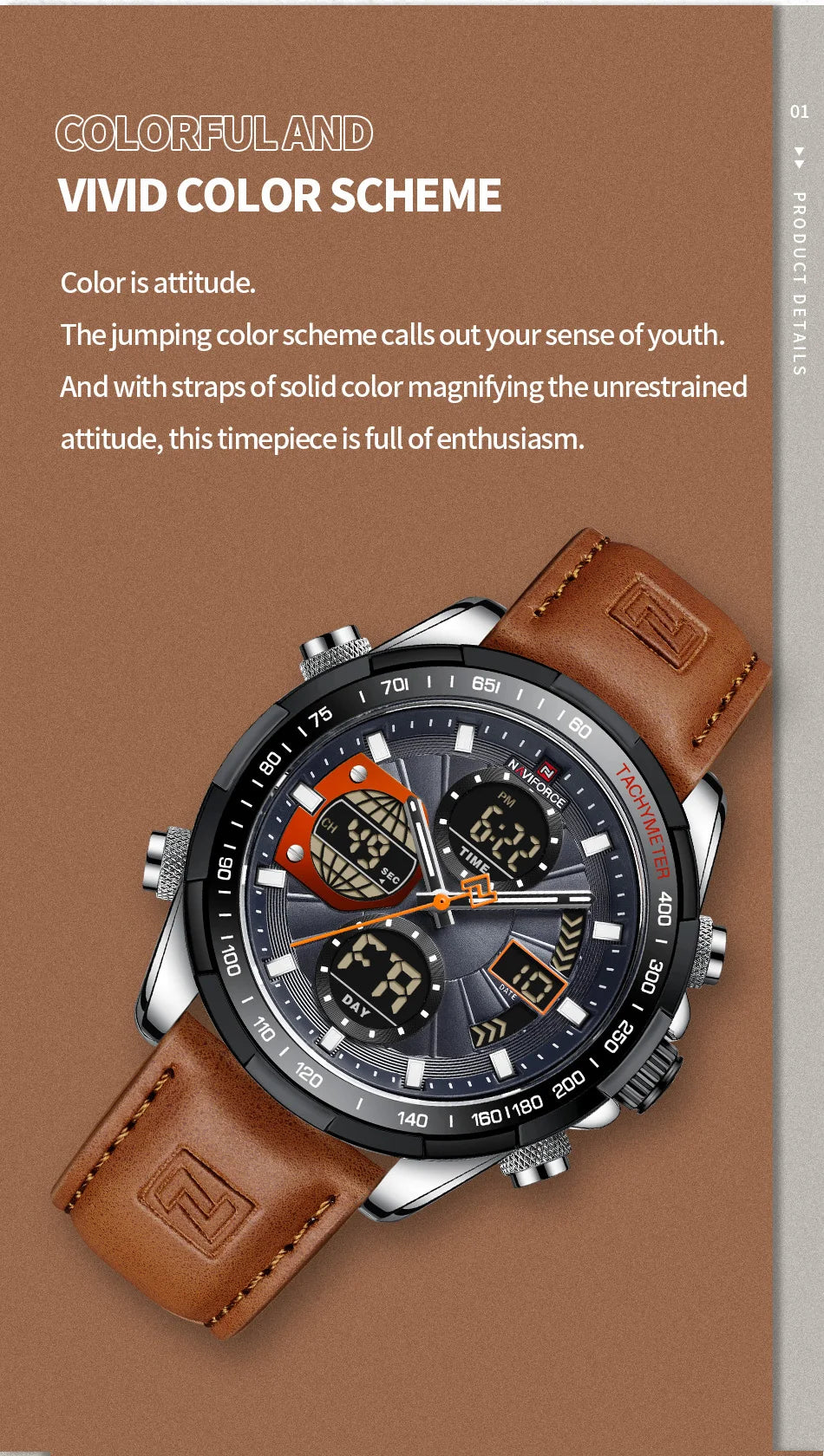 NAVIFORCE 2021 - Reloj deportivo para hombre, resistente al agua, con pantalla dual, luminoso, de cuarzo y cuero genuino, masculino