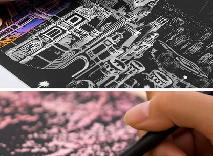2 Sheets Scratch Paper Art Kit DIY Craft World Landmarks Animals City Scene Stylus Drawing Toy Adult Stress Relief Creative Gift