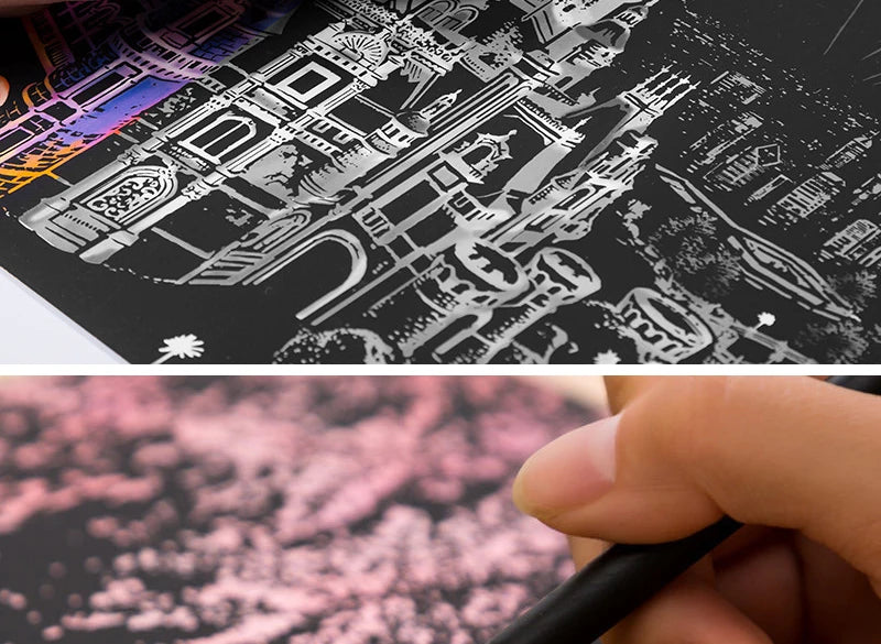 2 Sheets Scratch Paper Art Kit DIY Craft World Landmarks Animals City Scene Stylus Drawing Toy Adult Stress Relief Creative Gift