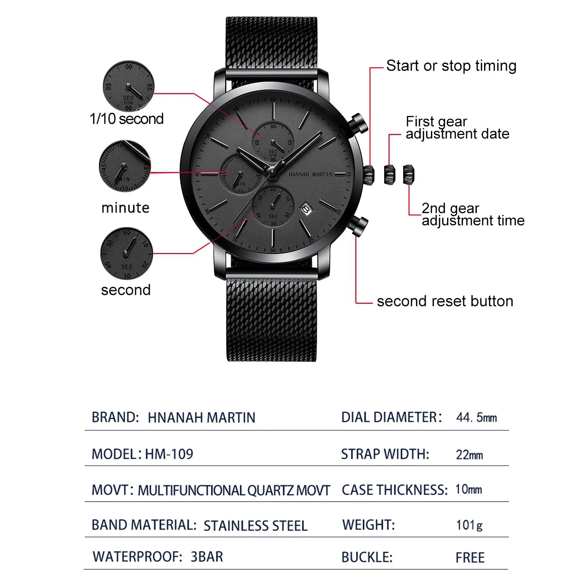 HANNAH MARTIN Brand Men Watch Black Stainless Steel Waterproof Fashion Sports Multifunctional Quartz Wristatch Relogio Masculino