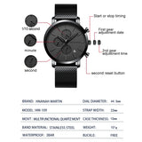 HANNAH MARTIN Brand Men Watch Black Stainless Steel Waterproof Fashion Sports Multifunctional Quartz Wristatch Relogio Masculino