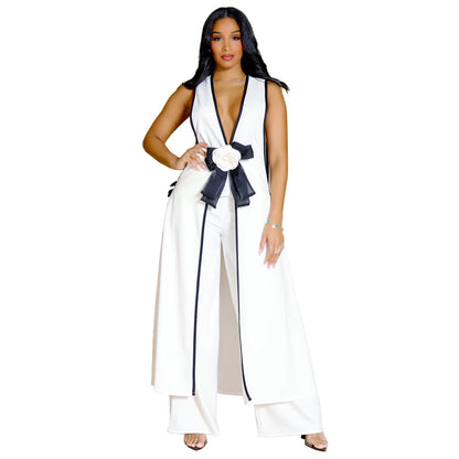 Two Piece Set Women Tracksuit Spliced Vest Pant Sets Elegant High Street Work Ankle Length Wide Leg Pants Loose Matching Sets