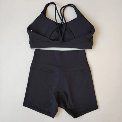 Women Gym Suit Yoga Clothes Shorts Leggings+ Bra 2-Piece Set Running Exercise Fitness Sportswear High Waist Cross Beautiful Back