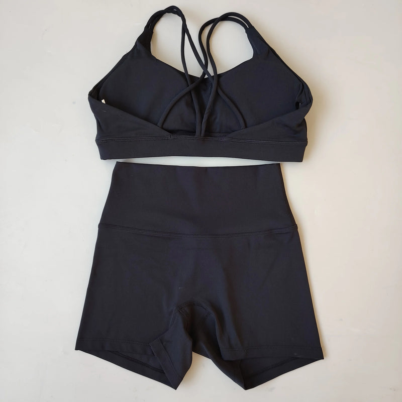 Women Gym Suit Yoga Clothes Shorts Leggings+ Bra 2-Piece Set Running Exercise Fitness Sportswear High Waist Cross Beautiful Back