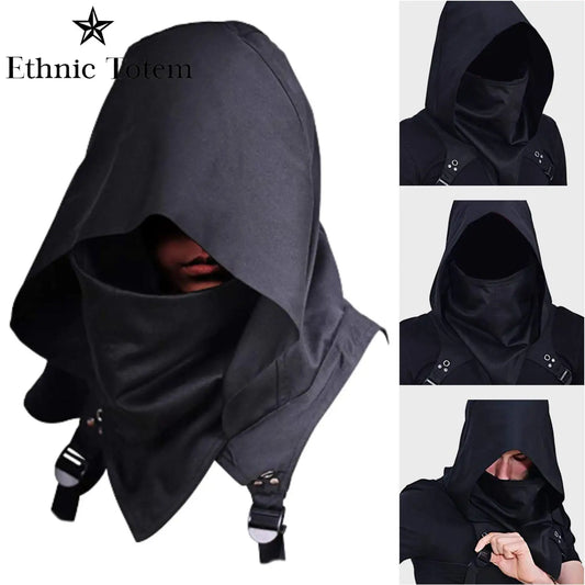 Máscara de Cosplay de pirata Vintage Medieval para hombre, capa con capucha, negro, blanco, gótico, Punk, capucha con botones, protección facial, disfraces de Halloween
