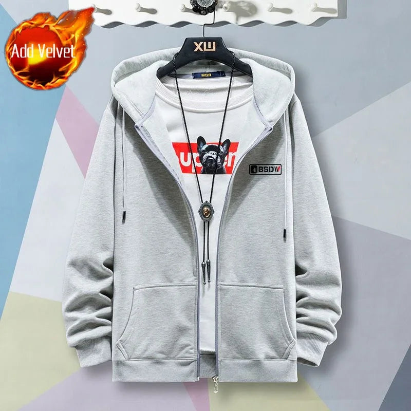 Male Clothes Hooded Sweatshirt for Men Blue Slim Fit Hoodies Full Zip Up Pastel Color S Winter No Brand Sweat Shirt High Quality