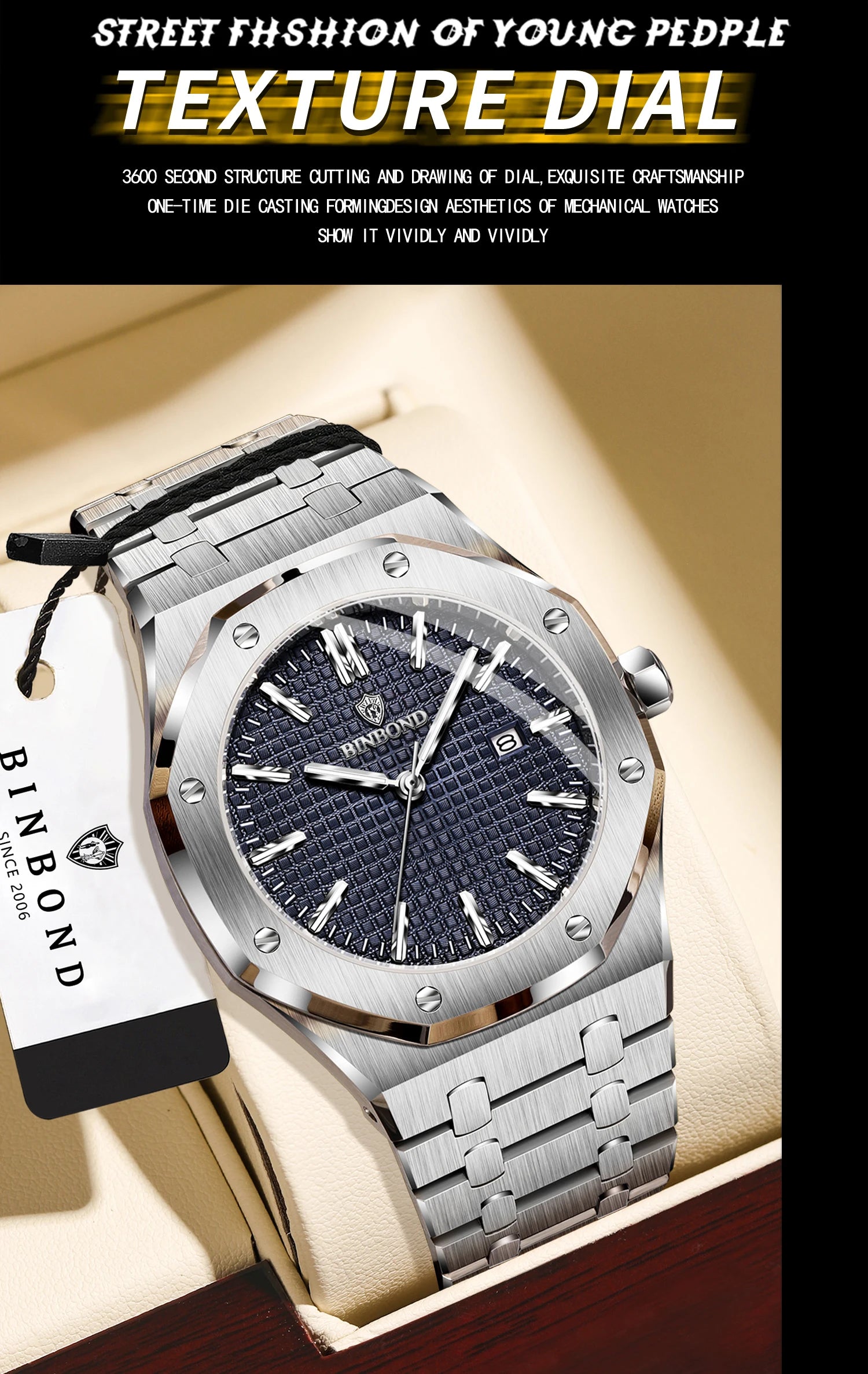 BINBOND Sturdy Stainless Steel Strap Quartz Wristwatches for Men Luxury Luminous Waterproof Auto Date Accurate Men's Watch Reloj