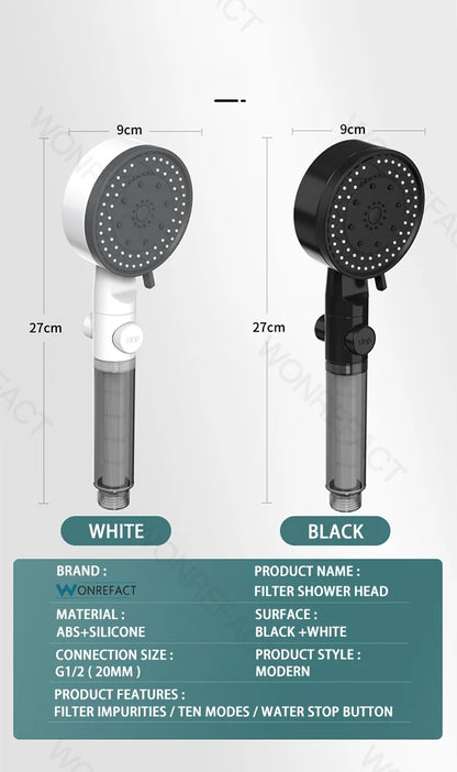 10 Mode Filter Shower Head Adjustable High Pressure Water Saving Shower One-click Water Stop Skin Care Shower Head Universal