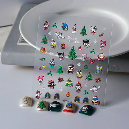 Sanrio Anime 5D Nail Stickers Hello Kitty Kurome Cartoon Stickers Nail Decoration Cute Melody Nail Art Decals Nail Art Supplies