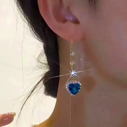 Blue Heart Shaped Zircon Long Tassel Gold Color Ear Wire for Women Elegant Exquisite Temperament Ladies Wedding Party Jewelry