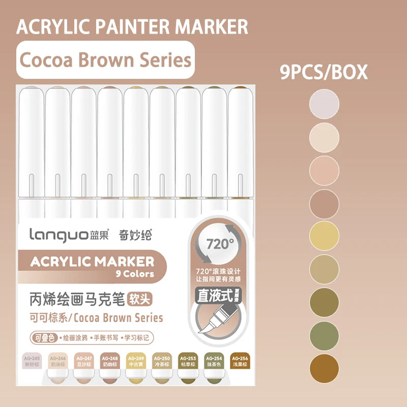 Languo 9pcs/box Soft Brush Acrylic Marker Pen Set, DIY Hand Drawn, Paint Art Markers pens, Student Graffiti Acrylic Paint Pens, M720
