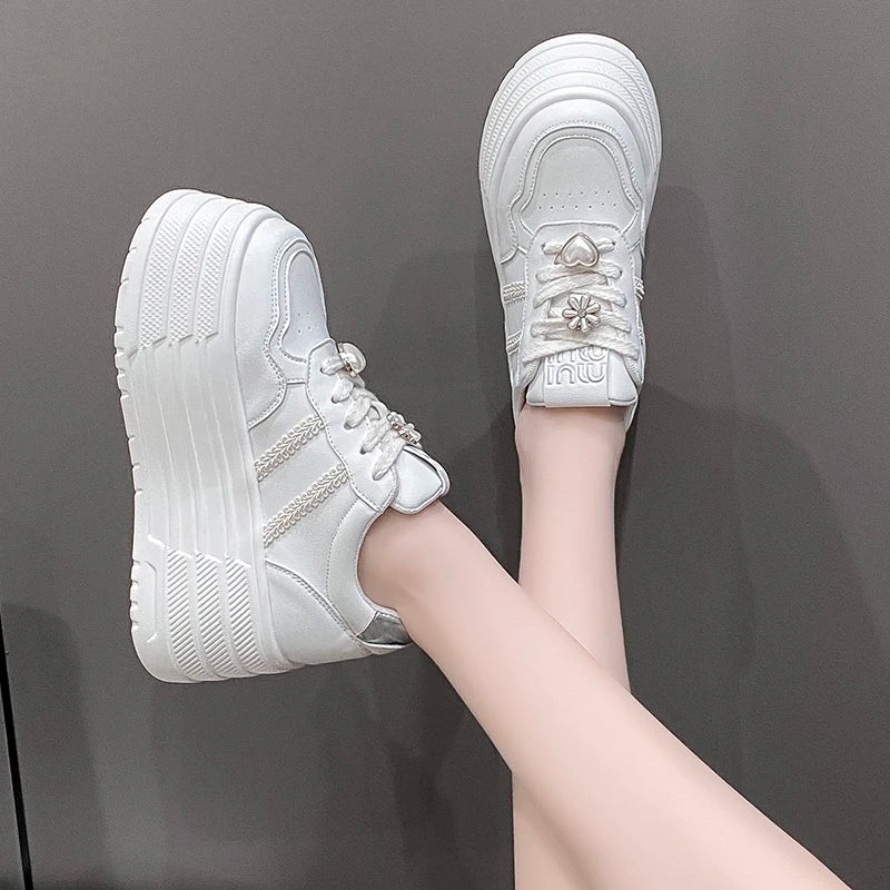 8cm Leather Flats Casual Dad Shoes Chunky Sneakers 2025 Women Platform Sports Shoes Ladies Skateboard Hidden Heels Shoes Tennis