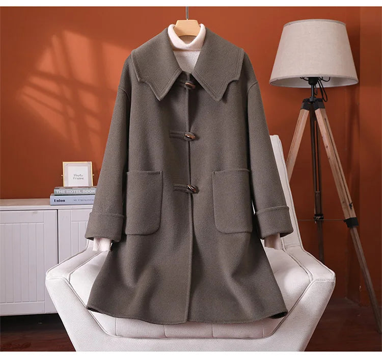 2025 Fashion Large Lapel Horn Button Women's Coat Autumn and Winter New Double-Sided Woolen 100%Pure Wool Warm Coat Large Pocket