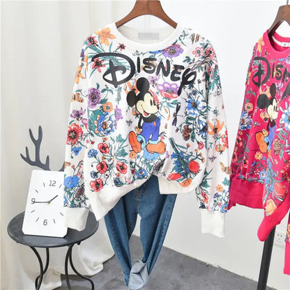 Women Mickey Mouse Print Long Sleeve Sweatshirt Korean Style Cartoon Hoodies Harajuku Casual Tops Autumn Spring Clothes New 