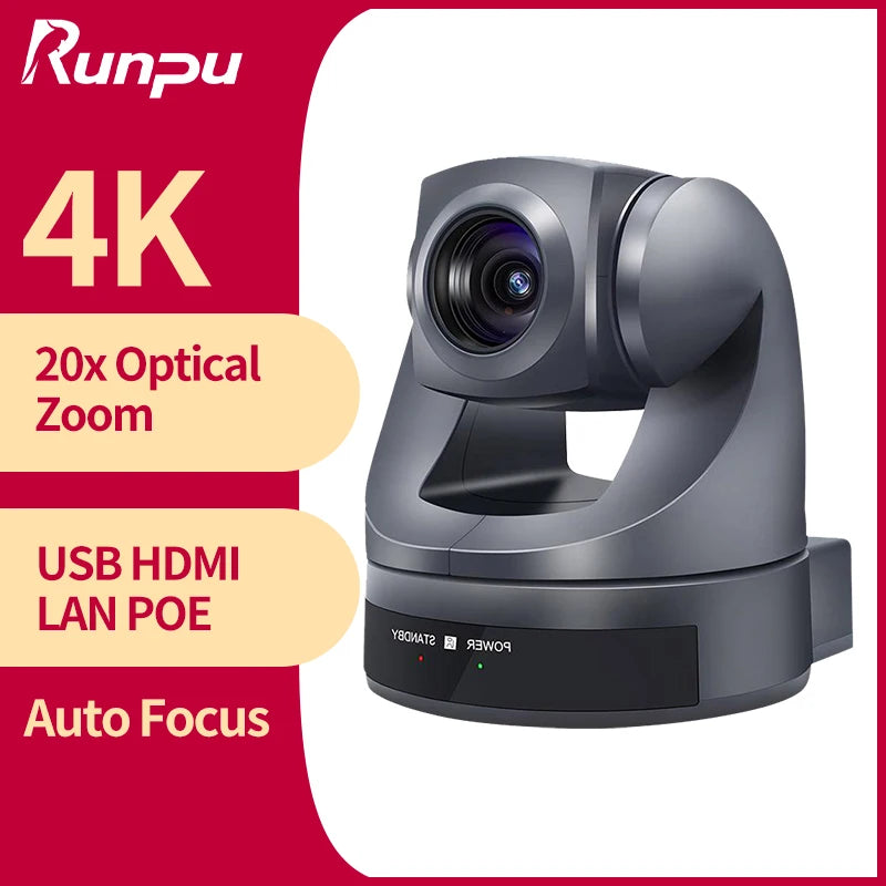 Runpu 4K30fps 20X Optical Zoom AI-Tracking Ptz HDMI Camera LAN POE Live Streaming Broadcast Video Conference System Camera