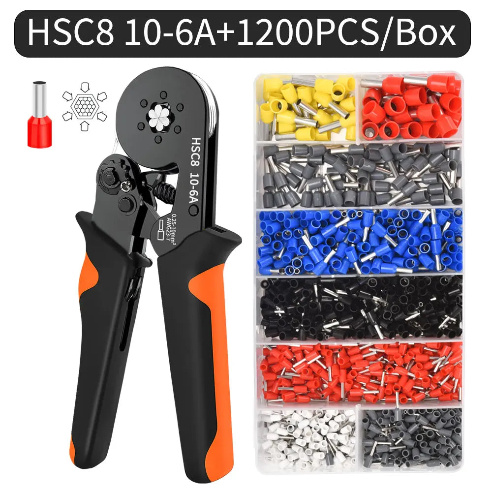Kit de crimpadora de casquillos hexagonales autoajustables con trinquete, 23-7 AWG, 0,25-10 mm², con terminales de cable y casquillos