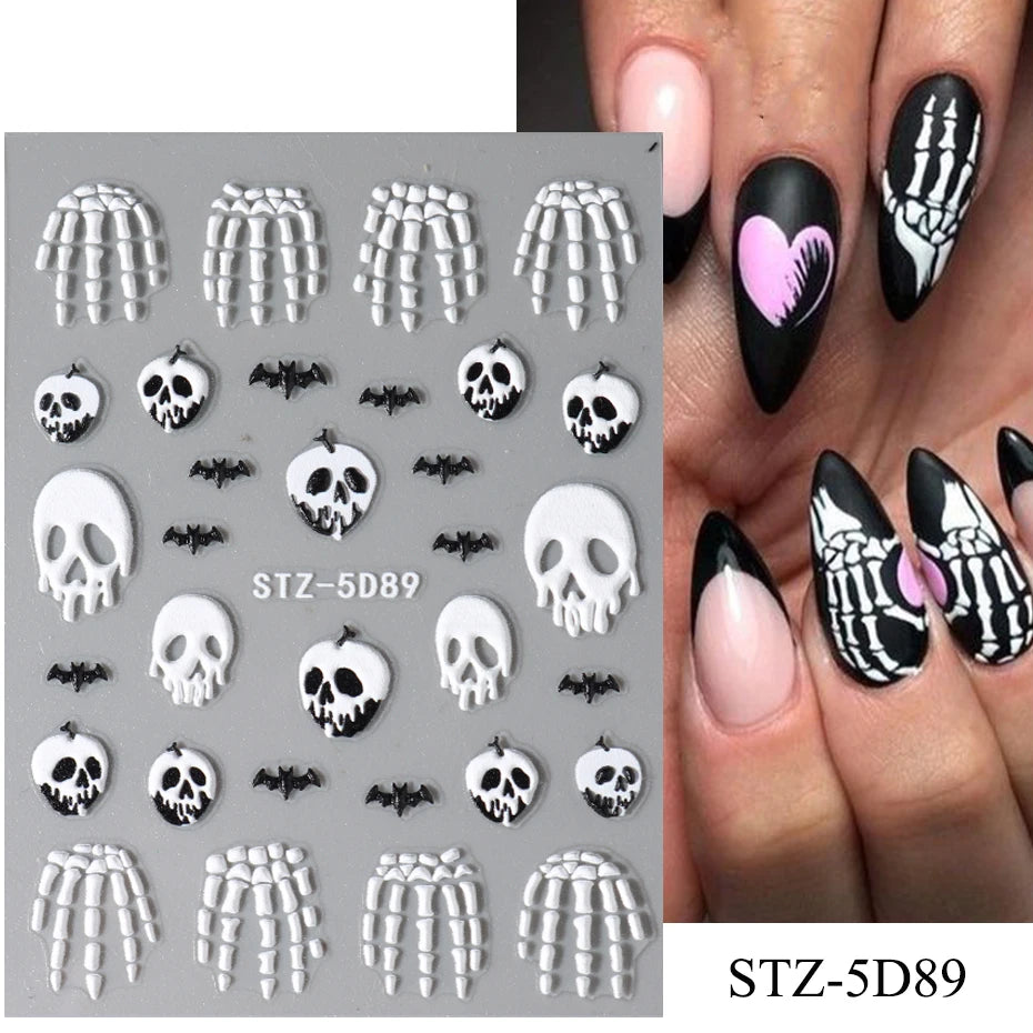 Cinturón negro 5D pegatinas en relieve gótico Halloween estilete calabaza calavera telaraña cremallera manicura uñas gel autoadhesivo decoración