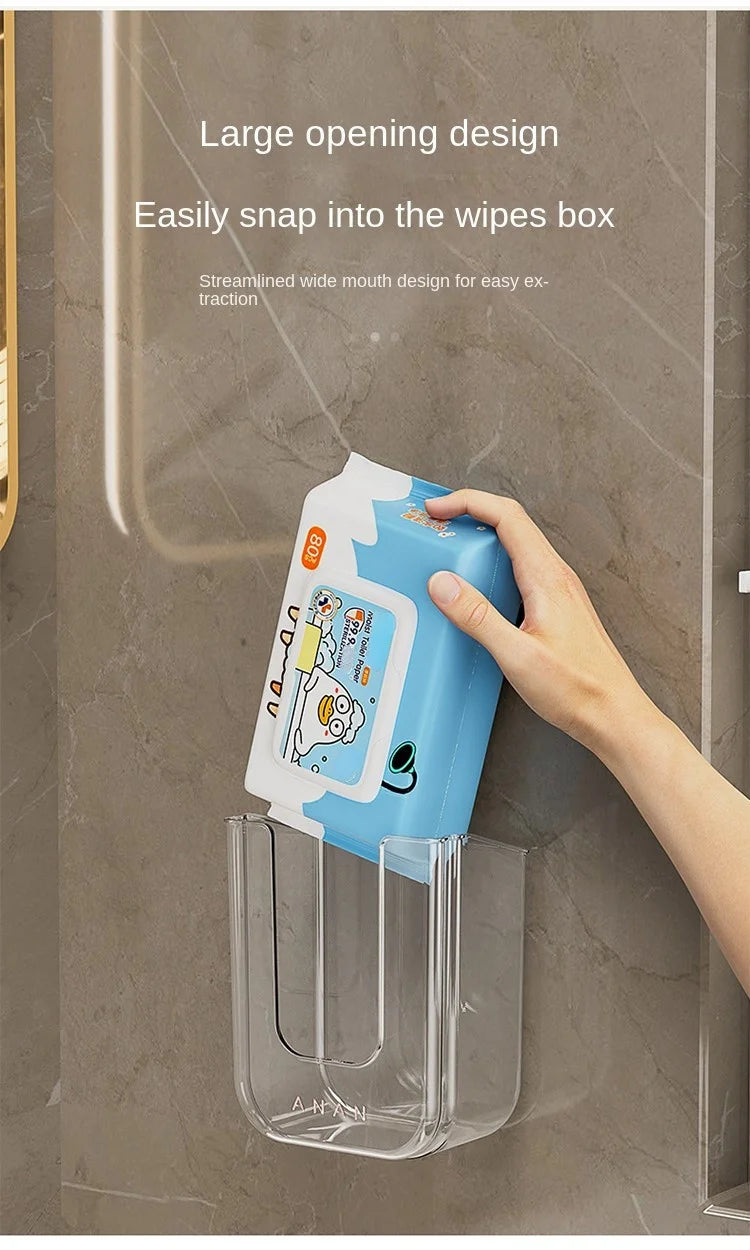 Wall-Mounted Wet Wipe Dispenser, Self-Adhesive Plastic Holder, with Large Opening, for Bathroom Tissue Storage Box Organizer