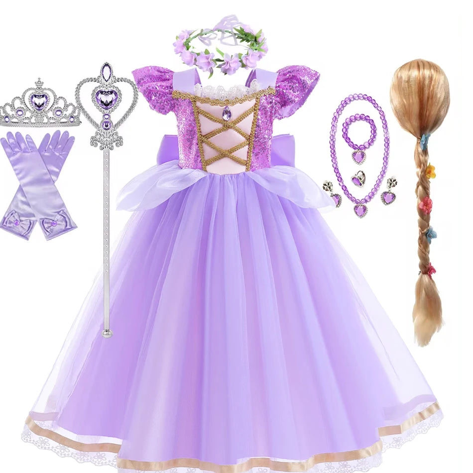 Vestido de Princesa Rapunzel de Verão – Cosplay Enrolados / Halloween / Festa de Aniversário – Fantasia Infantil