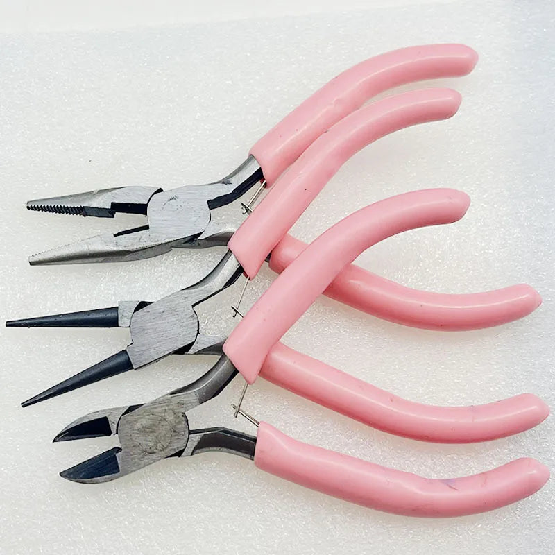 Alicates cóncavos redondos de una sola sección de níquel-hierro con mango rosa, herramienta para hacer herrajes de joyería hechos a mano, punta afilada, diagonal, portátil