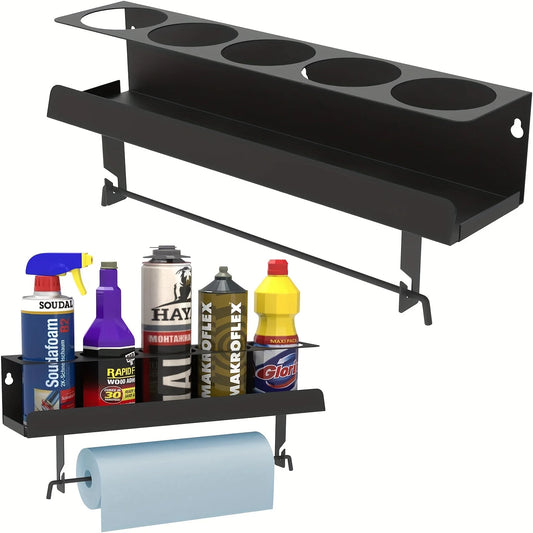 Aerosol Spray Can Holder with Paper Towel Rack - Wall-Mounted 5 Can Organizer for Garage, Workshop, Kitchen & Home Storage