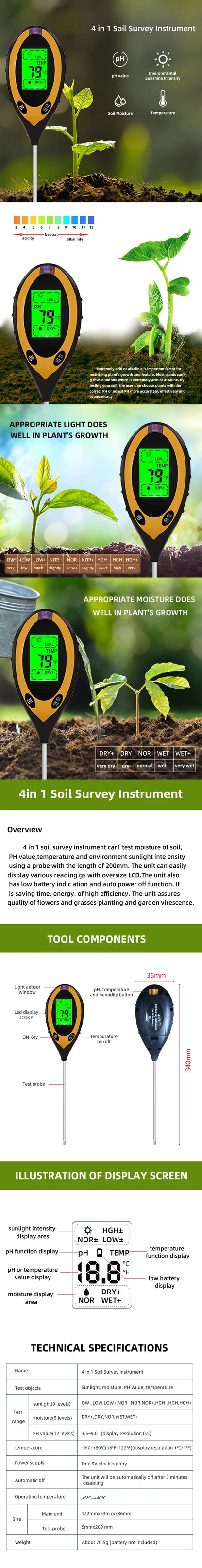 Soil PH Meter Tester Soil Tester PH Moisture meter Temperature Sunlight Intensity measurement Analysis Soil Acidity Test 4 in 1