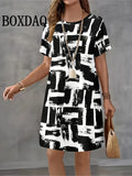 Summer Retro Women's Dresses Short Sleeve Plaid Print Casual Crew-Neck Loose Dress Fashion Streetwear Female Plus Size Clothing