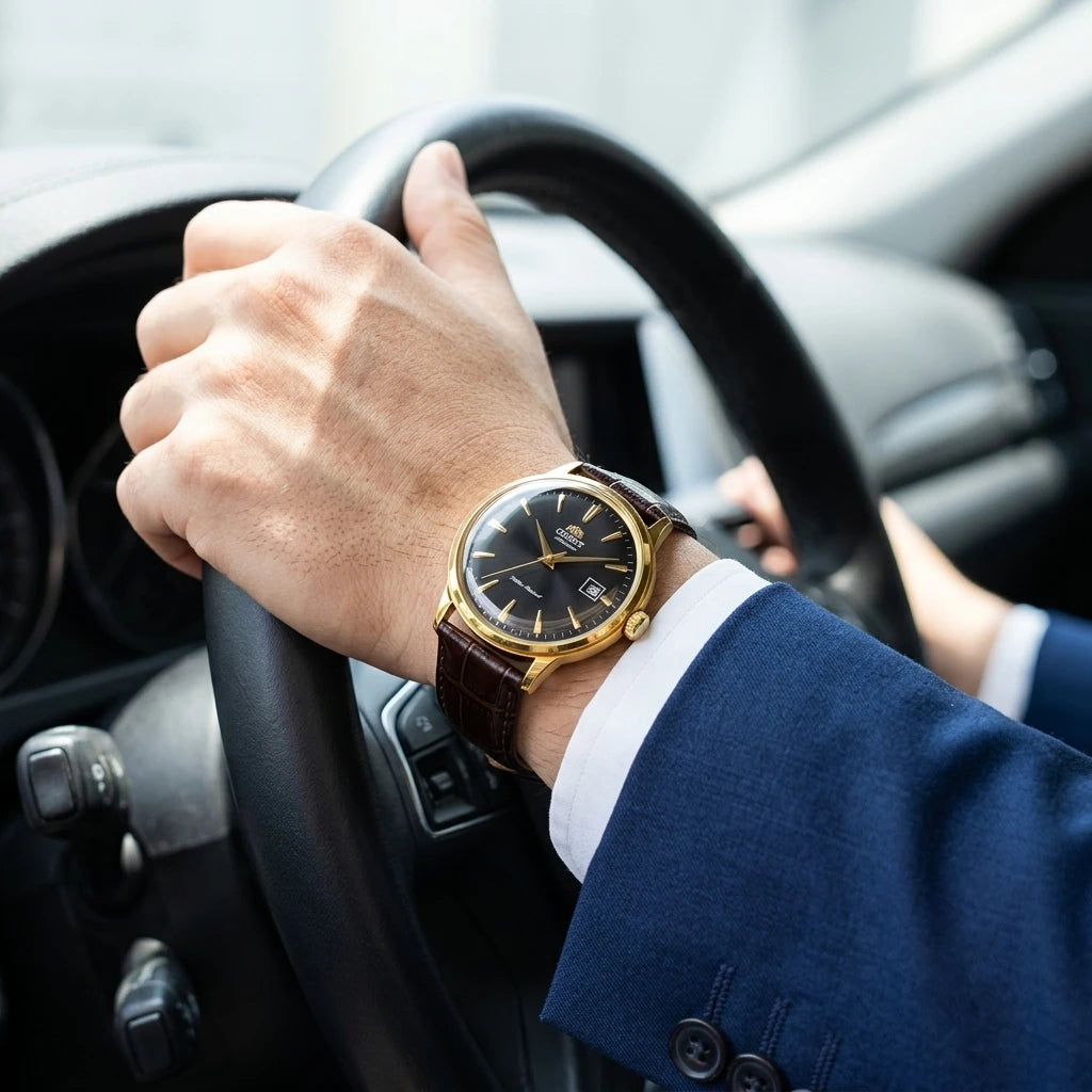 Relógio masculino automático vintage com pulseira de couro caixas dourada