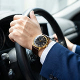 Relógio masculino automático vintage com pulseira de couro caixas dourada
