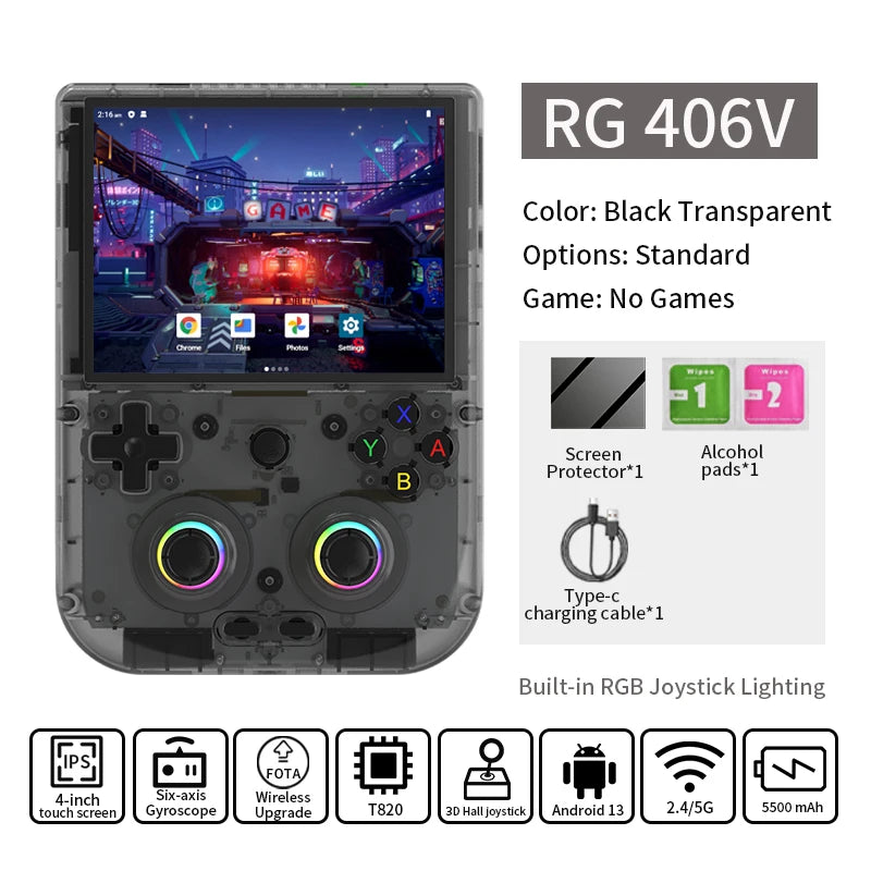 ANBERNIC RG406V Retro Handheld Game Console 4" IPS Multi-touch Screen Android 3D Hall Joystick 5500mAh Video Player 1080p DP Out