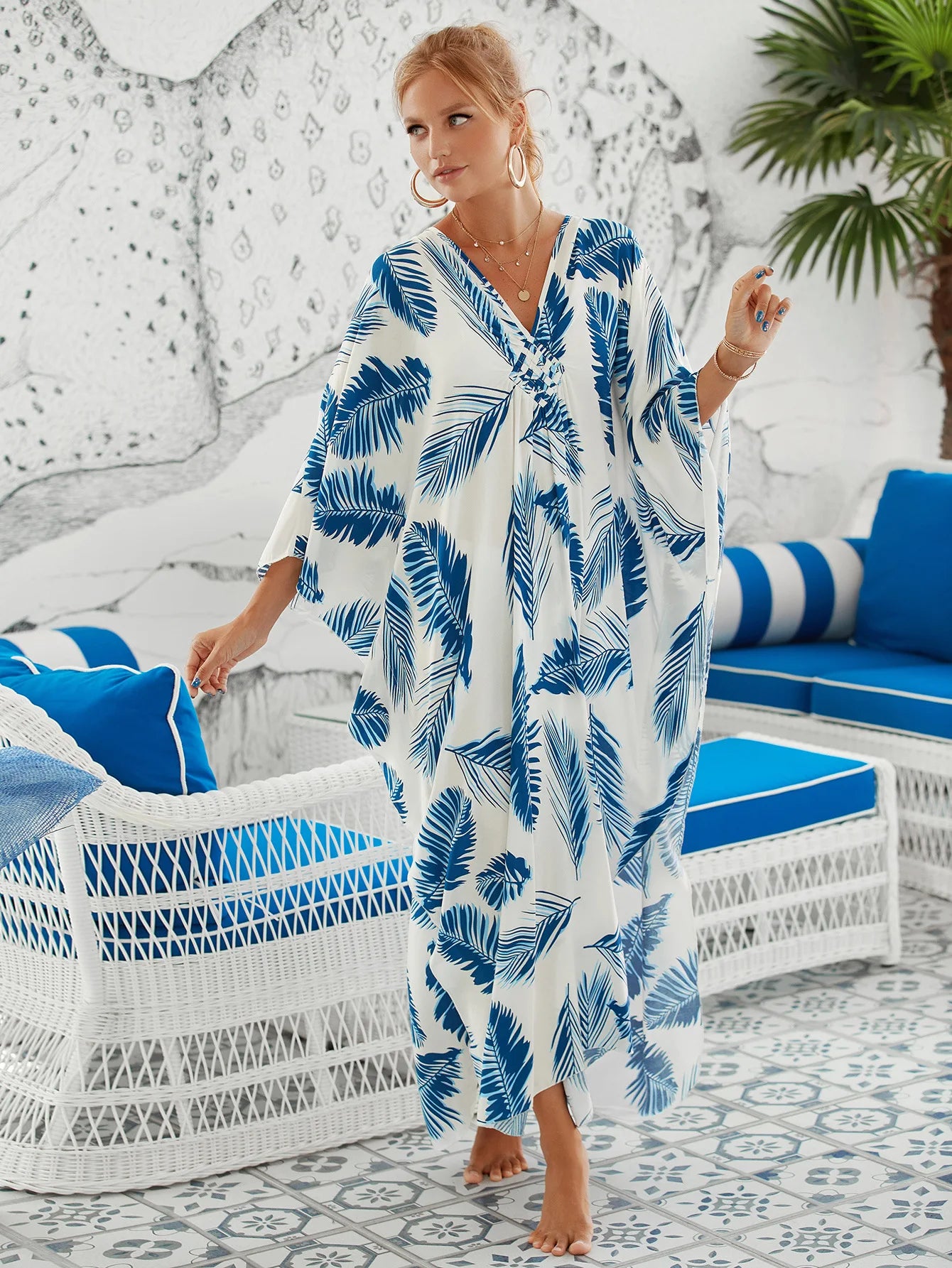 Vestidos caftán de talla grande para mujer, vestido caftán con cuello ondulado, vestido playero largo extragrande. 