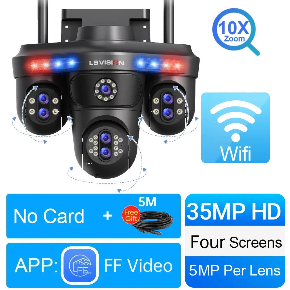 LS VISION 10X Optical Zoom 4-Screens WiFi IP Camera  35MP Outdoor Wifi Security PTZ Cam Auto Tracking Home Surveillance Cameras