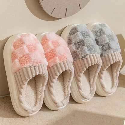 Fashion Couple Winter Toe Wrap Warm Plaid Cotton Slippers Thick Soft Sole Slides Men Women Indoor Floor Flat Home Non-slip Shoes