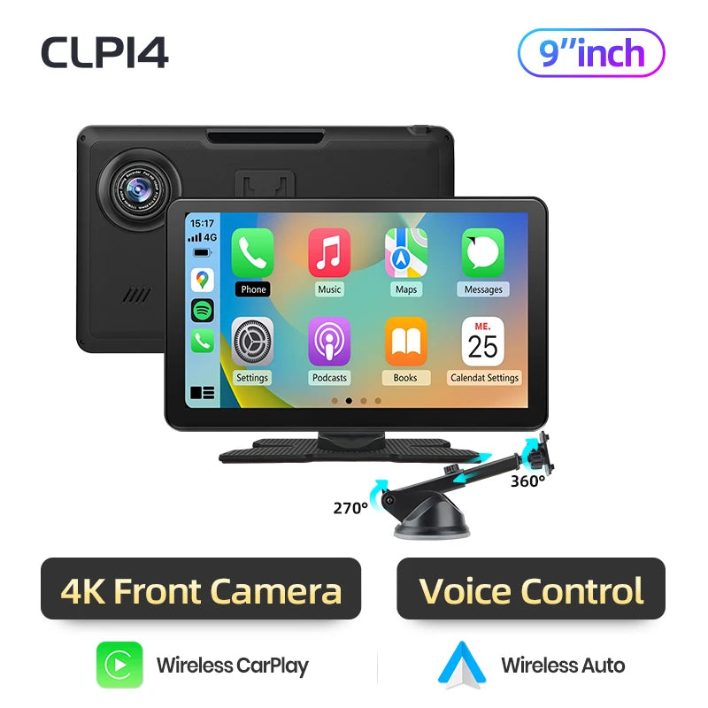 Junsun 9 inch Car DVR 4K Dash Cam Wireless Carplay for Apple Android Auto Dual Lens Video Recorder Dashboard Monitor FM BT AUX