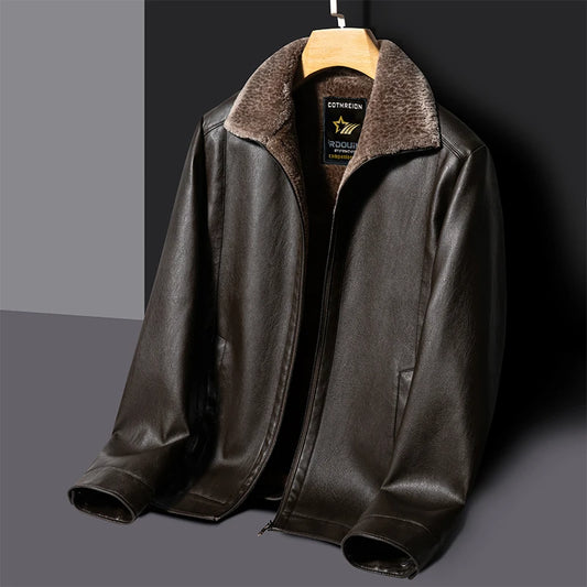Chaqueta de cuero natural YN-2365 para otoño/invierno para hombre, con forro de piel gruesa, informal, color café negro, para jóvenes de mediana edad.